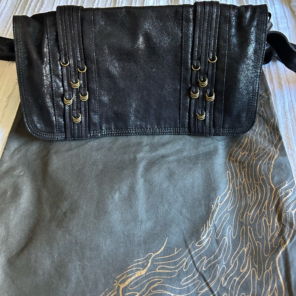 Matt and Nat Leather Black Shoulder/Messenger Bag with Gold Accents